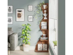 Etagère de canto moderna com 5 níveis, Pequena biblioteca de canto elegante, Suporte para plantas e unidade de organização com formato único, Castanho