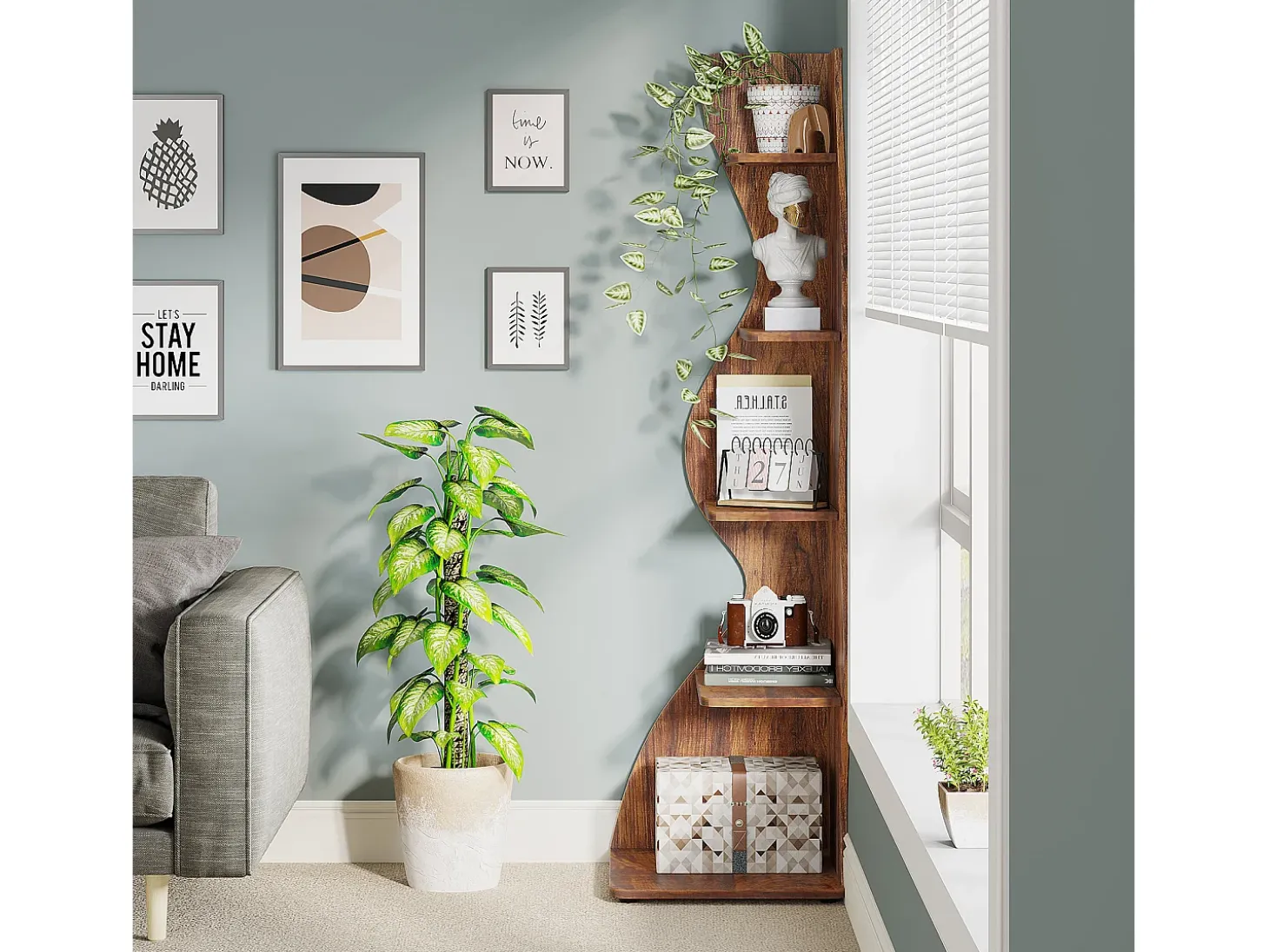 Etagère de canto moderna com 5 níveis, Pequena biblioteca de canto elegante, Suporte para plantas e unidade de organização com formato único, Castanho