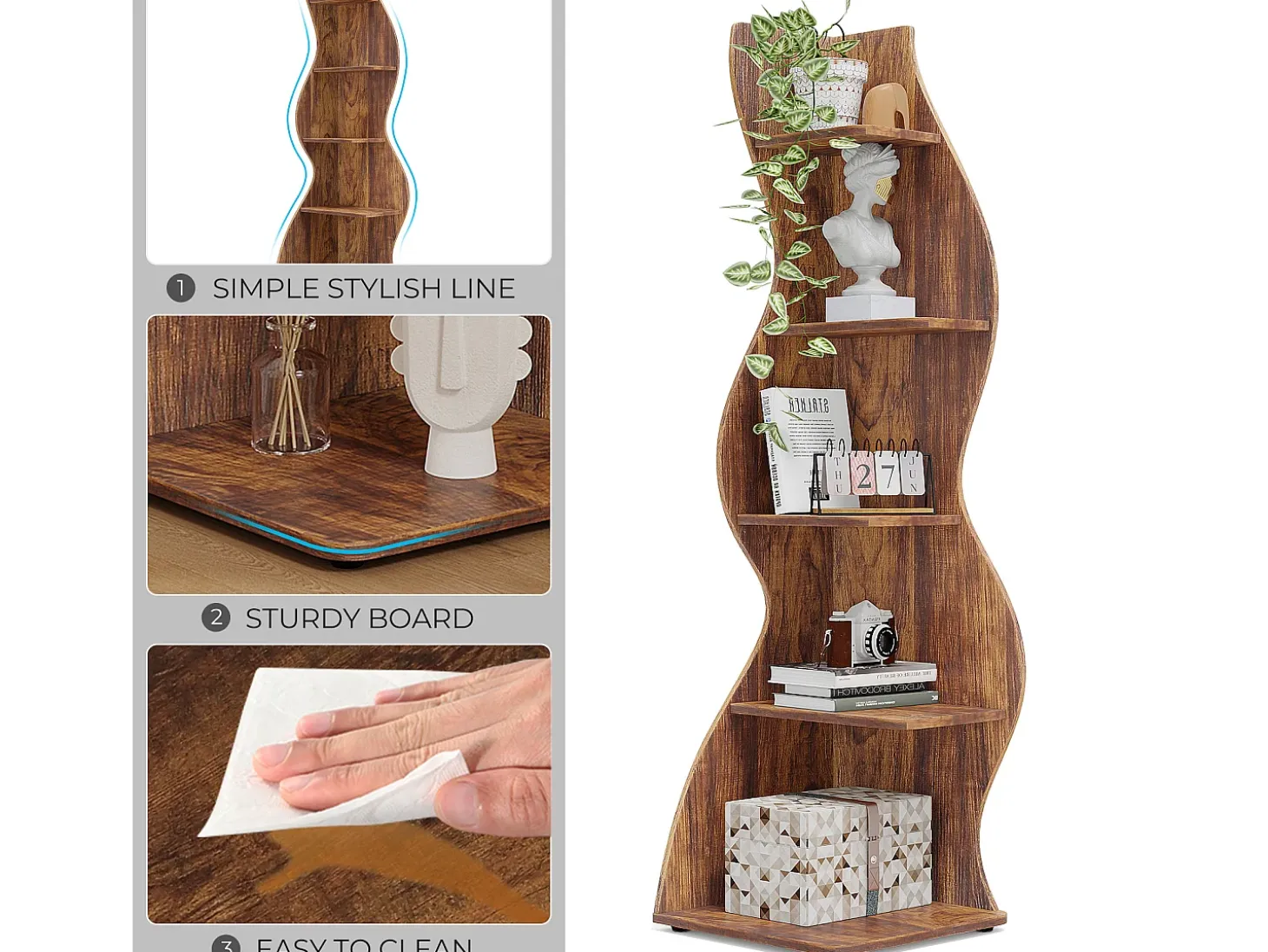 Etagère de canto moderna com 5 níveis, Pequena biblioteca de canto elegante, Suporte para plantas e unidade de organização com formato único, Castanho