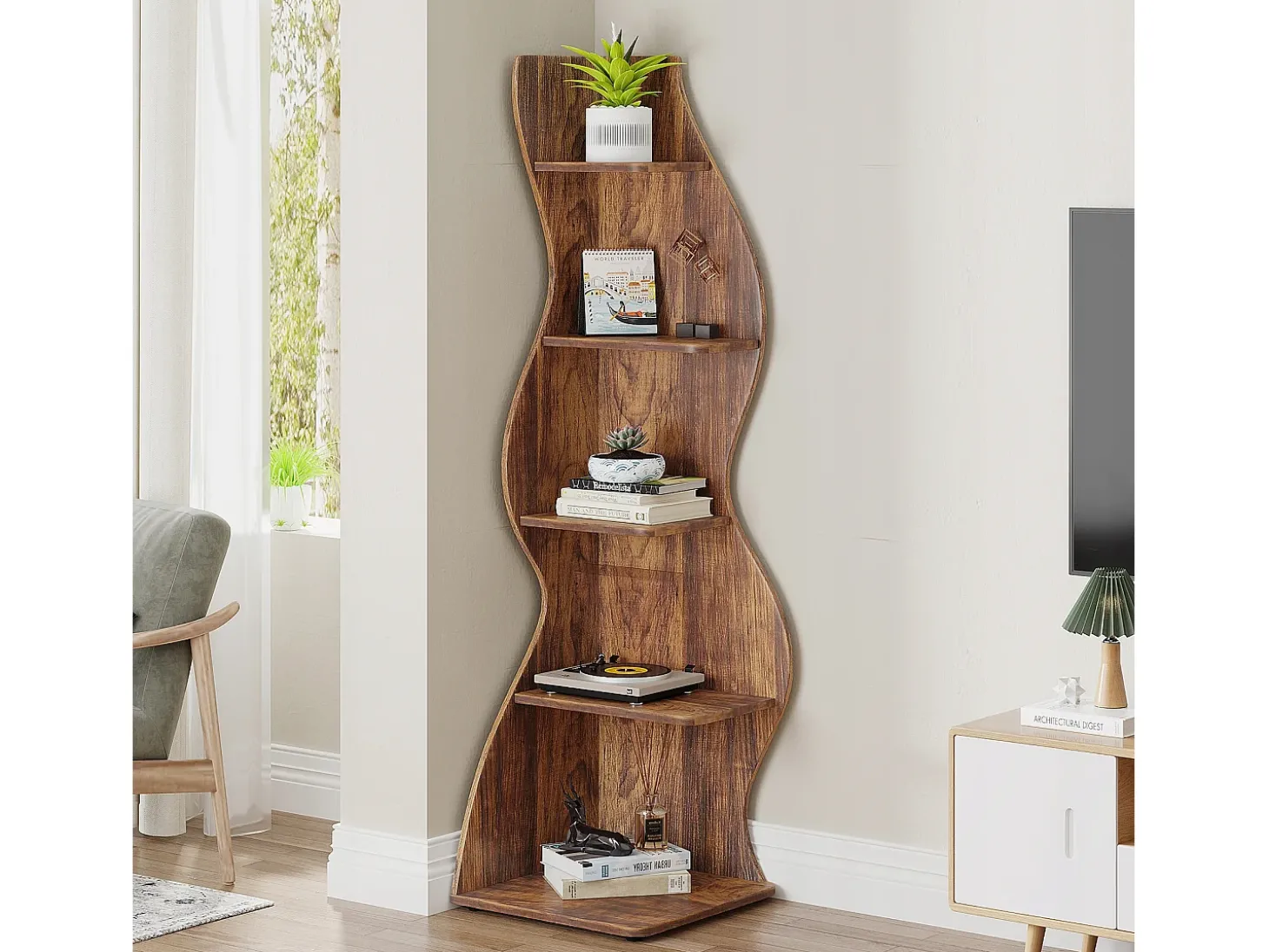 Etagère de canto moderna com 5 níveis, Pequena biblioteca de canto elegante, Suporte para plantas e unidade de organização com formato único, Castanho