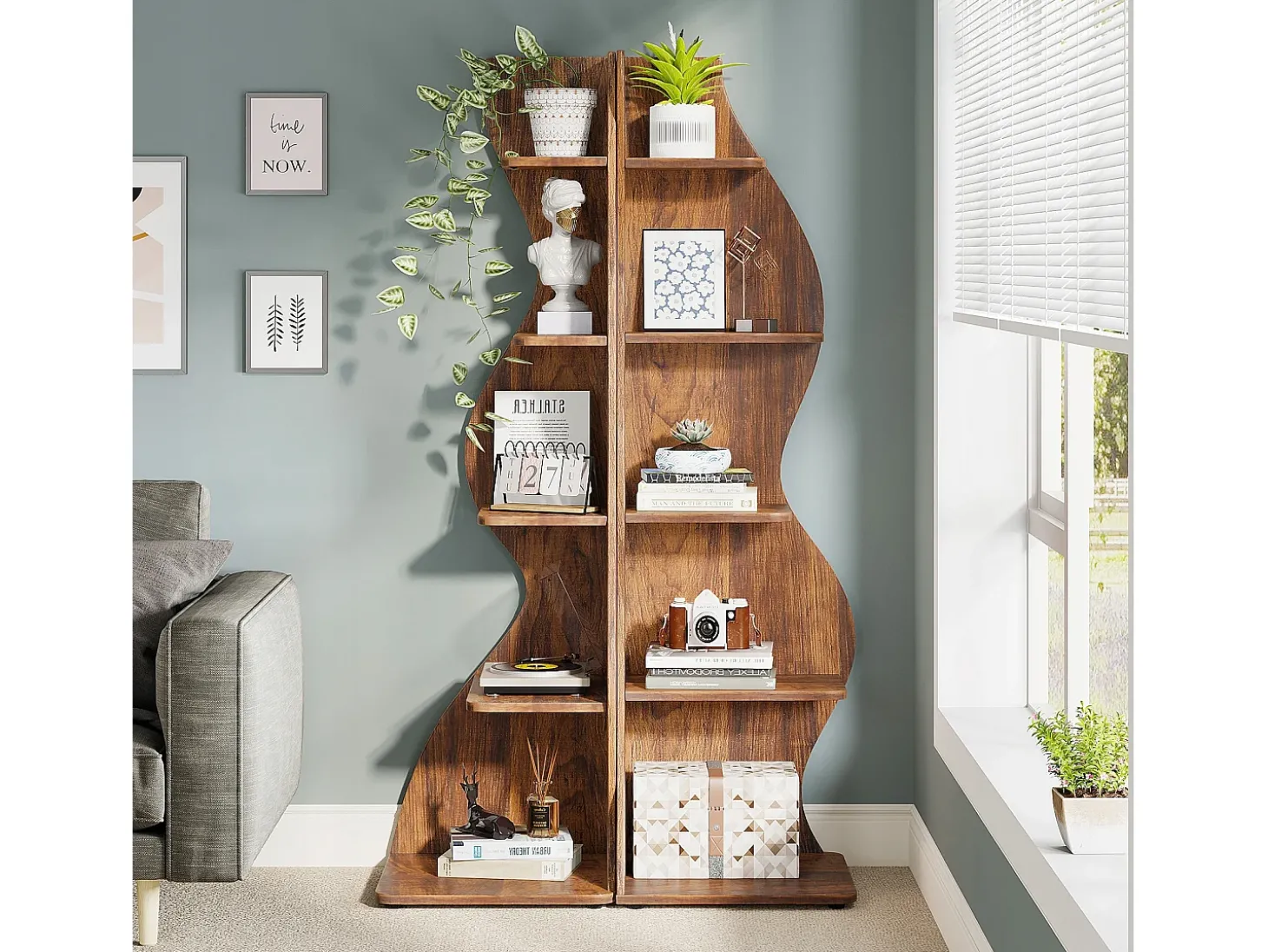 Etagère de canto moderna com 5 níveis, Pequena biblioteca de canto elegante, Suporte para plantas e unidade de organização com formato único, Castanho