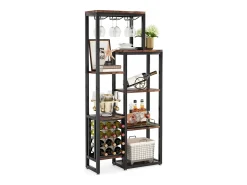 Etagère de vin autônoma com 5 andares, com suporte em vidro e espaço para guardar vinhos, estante industrial para bar, cozinha, sala de jantar (castanho)