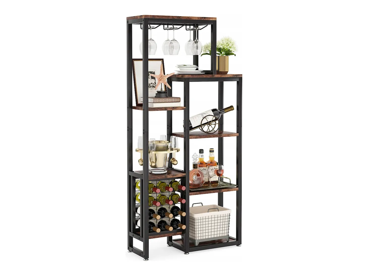 Etagère de vin autônoma com 5 andares, com suporte em vidro e espaço para guardar vinhos, estante industrial para bar, cozinha, sala de jantar (castanho)