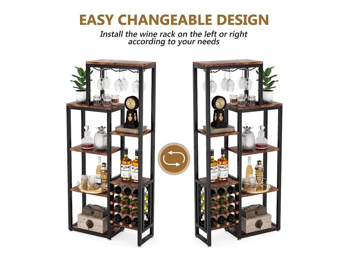 Etagère de vin autônoma com 5 andares, com suporte em vidro e espaço para guardar vinhos, estante industrial para bar, cozinha, sala de jantar (castanho)