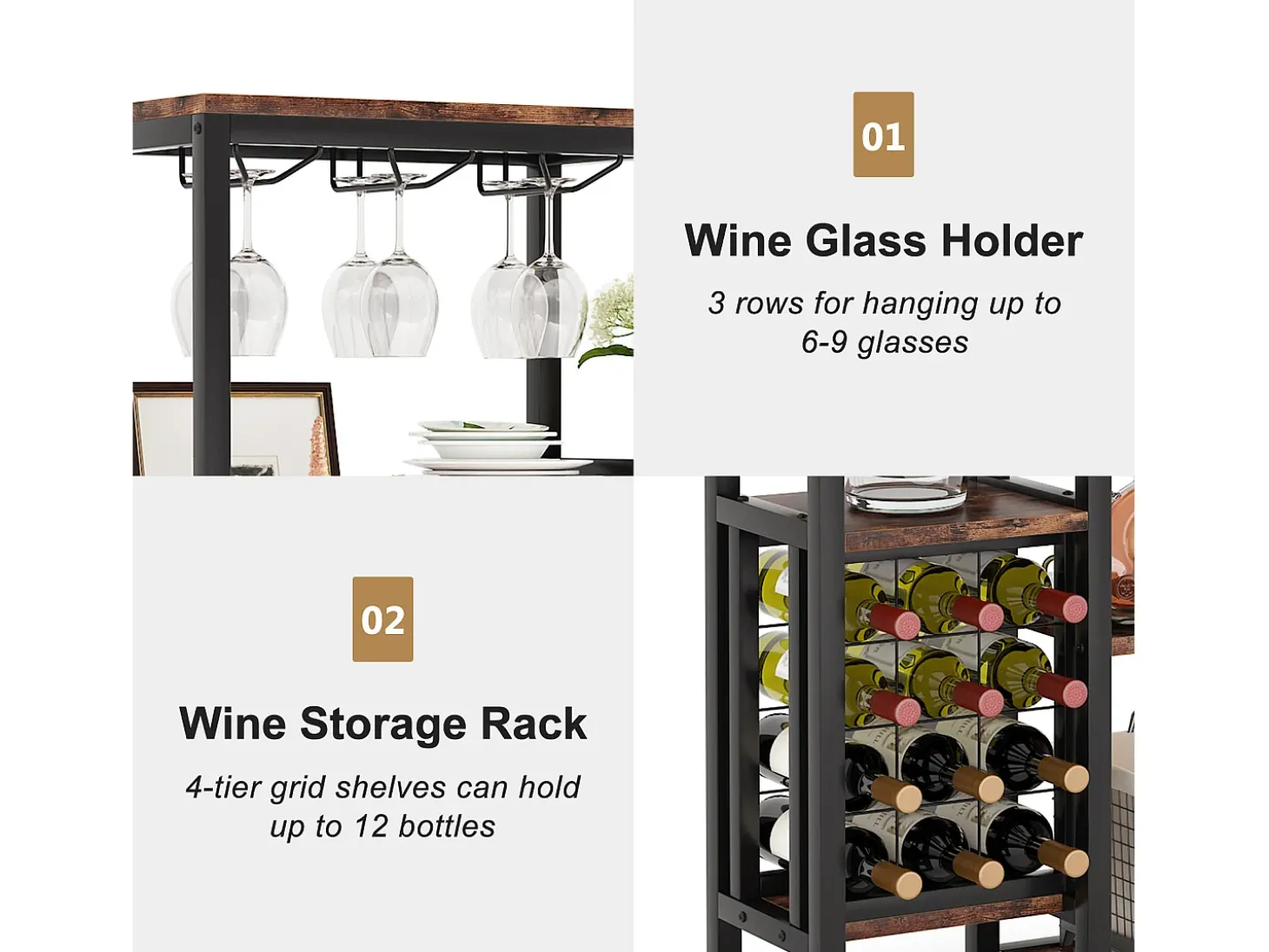 Etagère de vin autônoma com 5 andares, com suporte em vidro e espaço para guardar vinhos, estante industrial para bar, cozinha, sala de jantar (castanho)