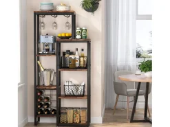 Etagère de vin autônoma com 5 andares, com suporte em vidro e espaço para guardar vinhos, estante industrial para bar, cozinha, sala de jantar (castanho)