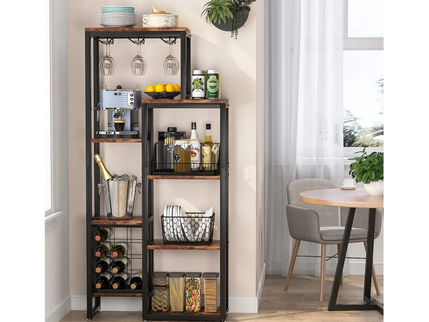 Etagère de vin autônoma com 5 andares, com suporte em vidro e espaço para guardar vinhos, estante industrial para bar, cozinha, sala de jantar (castanho)
