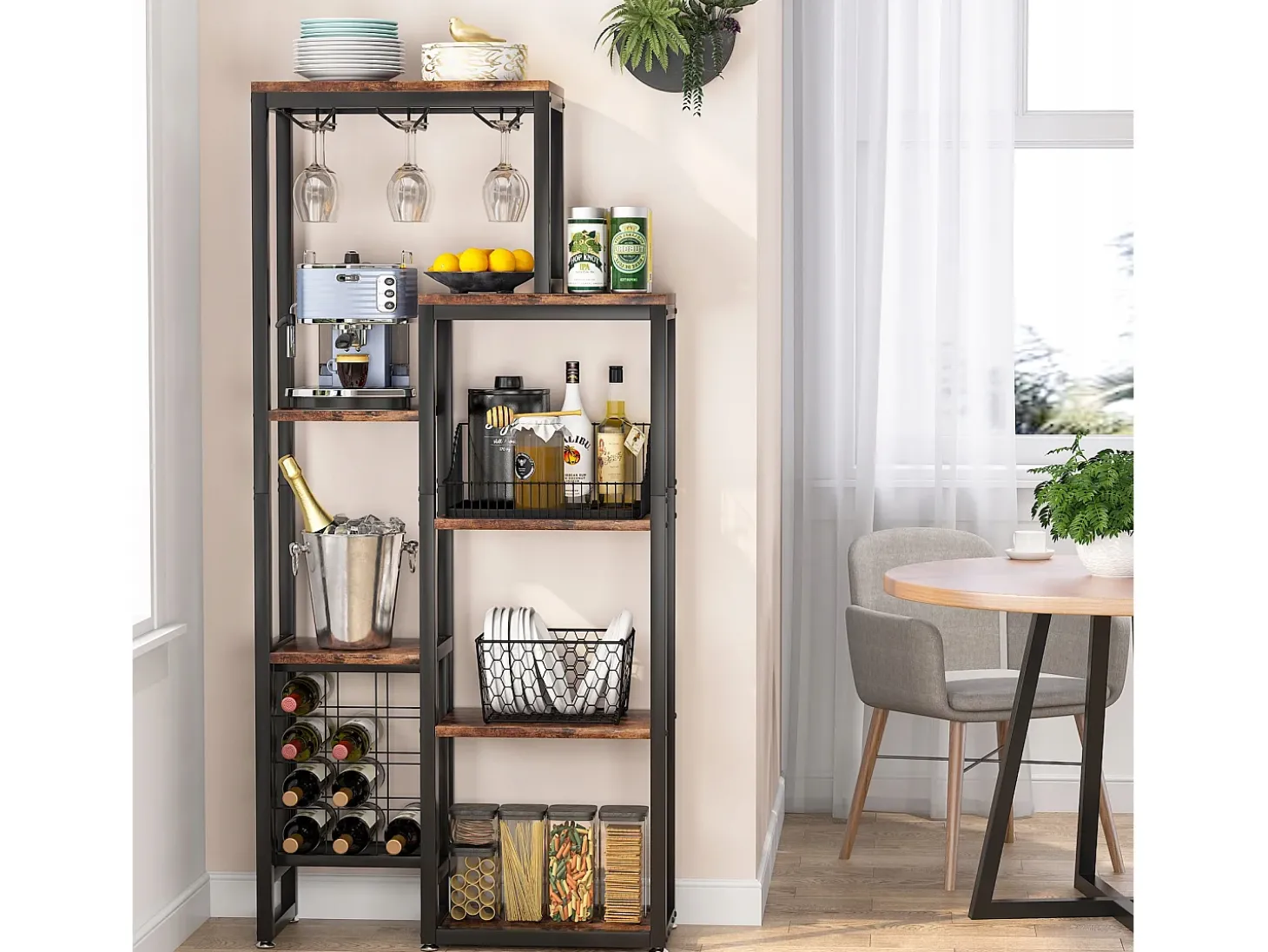 Etagère de vin autônoma com 5 andares, com suporte em vidro e espaço para guardar vinhos, estante industrial para bar, cozinha, sala de jantar (castanho)