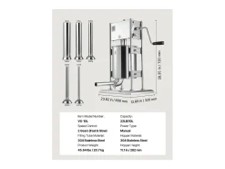 Filler de Salsichas SucceBuy Manual Capacidade 10 L, Máquina de Salsichas Vertical em Aço Inoxidável, Ensacadora de Dupla Velocidade, com 5 Tubos de Enchimento