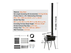 Fogão a Lenha Portátil SucceBuy, 262 cm, Fogão de Acampamento para Churrasco com Tubos para Uso Externo