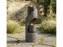 Fonte de jardim para jardim e pátio - 34,5 x 34,5 x 100,5 cm - com LEDs + bomba de água - Resina - cinza