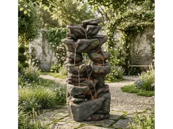 Fonte de jardim para jardim e pátio - 40 x 36 x 90 cm - com LEDs + bomba de água - Resina - cinza