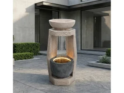 Fonte de jardim para jardim e pátio - 36,5 x 36 x 81,5 cm - com LEDs + bomba de água - Resina - bege