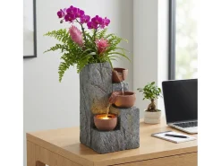 Fonte decorativa de jardim com suporte - 27 x 26 x 31 cm - estilo antigo - 3 bacias com água corrente - Resina - cinza