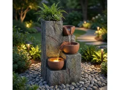 Fonte decorativa de jardim com suporte - 27 x 26 x 31 cm - estilo antigo - 3 bacias com água corrente - Resina - cinza