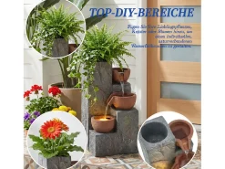 Fonte decorativa de jardim com suporte - 27 x 26 x 31 cm - estilo antigo - 3 bacias com água corrente - Resina - cinza
