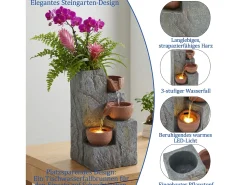 Fonte decorativa de jardim com suporte - 27 x 26 x 31 cm - estilo antigo - 3 bacias com água corrente - Resina - cinza