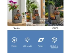 Fonte decorativa de jardim com suporte - 27 x 26 x 31 cm - estilo antigo - 3 bacias com água corrente - Resina - cinza