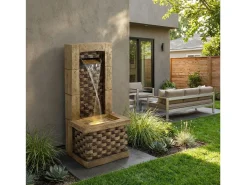 Fonte decorativa de jardim com suporte - 37 x 31,5 x 89 cm - estilo antigo - 3 bacias com água corrente - Resina - marrom