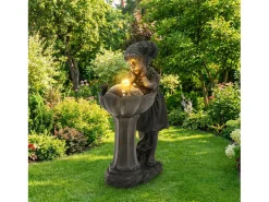 Fonte externa com estatueta de menina para jardim/terraço/varanda/gramado - 42 x 30 x 65,5 cm - com LEDs - Resina - Bronze