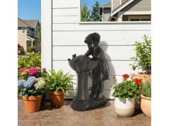 Fonte externa com estatueta de menina para jardim/terraço/varanda/gramado - 42 x 30 x 65,5 cm - com LEDs - Resina - Bronze