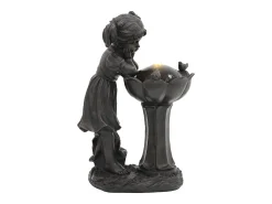 Fonte externa com estatueta de menina para jardim/terraço/varanda/gramado - 42 x 30 x 65,5 cm - com LEDs - Resina - Bronze