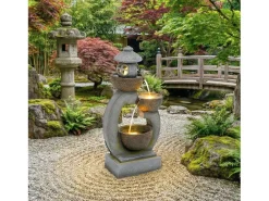 Fonte Zen para exterior, ideal para jardim/terraço/varanda/gramado - 44,5 x 25 x 95 cm - com LEDs - Resina - cinza