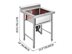 Fregadeiro de Aço Inoxidável com 1 Compartimento SucceBuy, 93x61x60cm, para Lavar na Cozinha de Restaurantes, Banheiro, Garagens