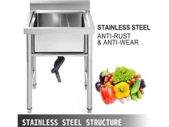 Fregadeiro de Aço Inoxidável com 1 Compartimento SucceBuy, 93x61x60cm, para Lavar na Cozinha de Restaurantes, Banheiro, Garagens