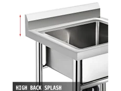 Fregadeiro de Aço Inoxidável com 1 Compartimento SucceBuy, 93x61x60cm, para Lavar na Cozinha de Restaurantes, Banheiro, Garagens