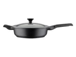 Frigideira antiaderente Easy Click GSW em alumínio de 28 cm com tampa de vidro e alças removíveis, compatível com indução