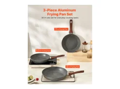 Frigideira em Alumínio SucceBuy, 3 Peças 25/28/32,5 Cm, Frigideira Antiaderente Pré-temperada com Pega Resistente ao Calor, para Gás, Elétrica, Cinzenta