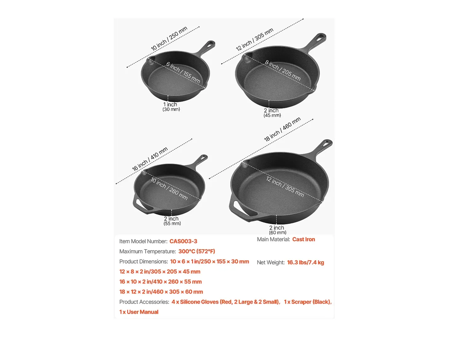 Frigideira em Ferro Fundido SucceBuy, 4 Peças 15,5/20,5/26/30,5 Cm, Frigideira Pré-Temperada com Pega em Silicone Resistente ao Calor, para Forno, Gás, Elétrica