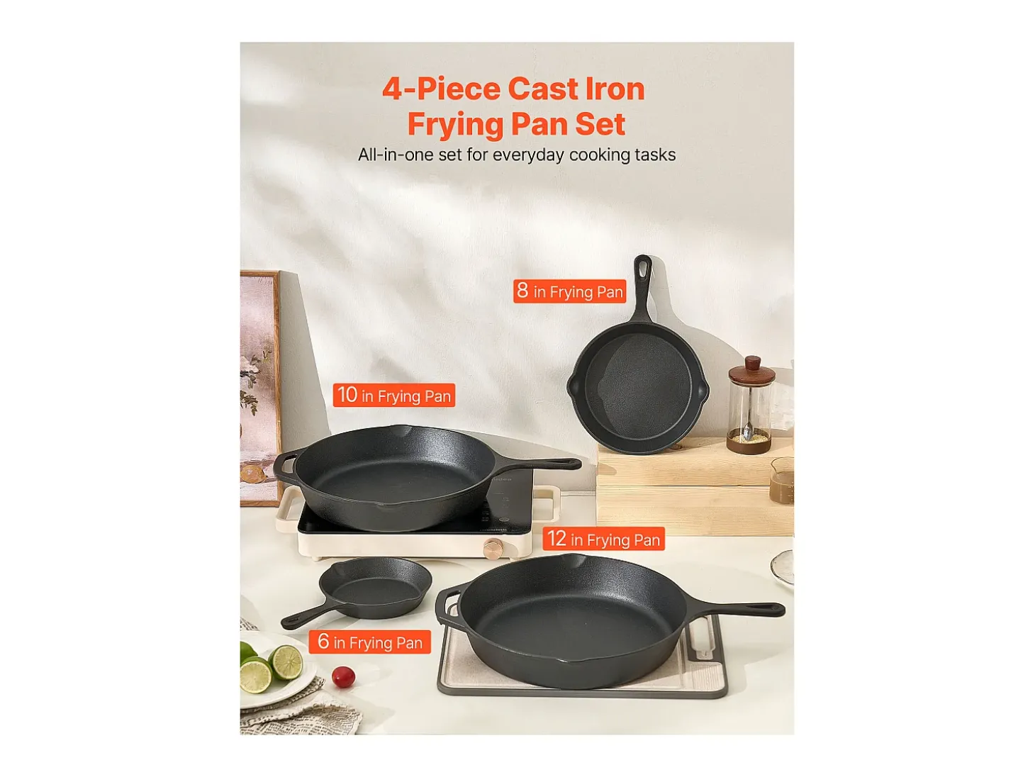 Frigideira em Ferro Fundido SucceBuy, 4 Peças 15,5/20,5/26/30,5 Cm, Frigideira Pré-Temperada com Pega em Silicone Resistente ao Calor, para Forno, Gás, Elétrica