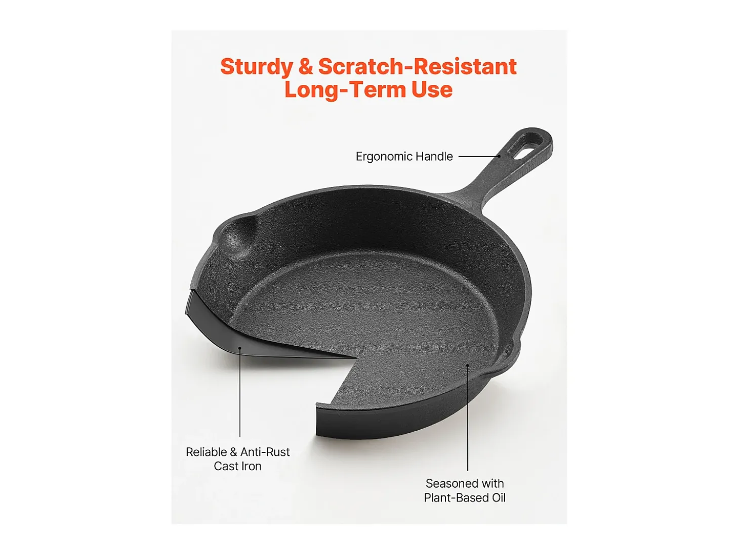 Frigideira em Ferro Fundido SucceBuy, 4 Peças 15,5/20,5/26/30,5 Cm, Frigideira Pré-Temperada com Pega em Silicone Resistente ao Calor, para Forno, Gás, Elétrica