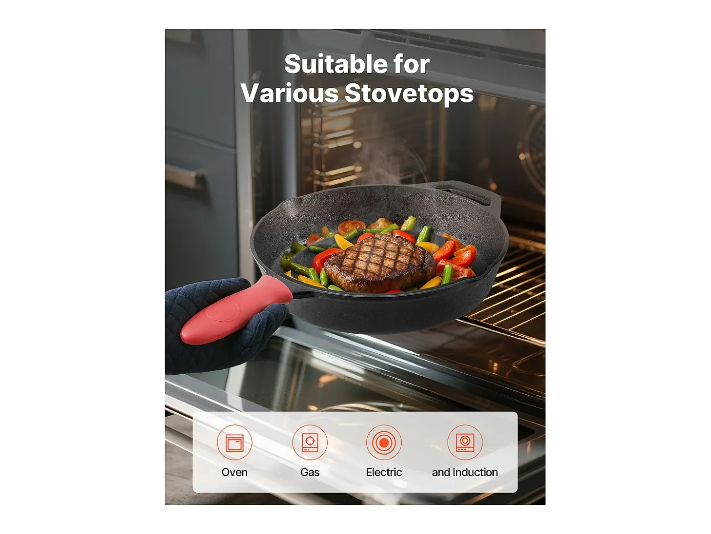 Frigideira em Ferro Fundido SucceBuy, 4 Peças 15,5/20,5/26/30,5 Cm, Frigideira Pré-Temperada com Pega em Silicone Resistente ao Calor, para Forno, Gás, Elétrica