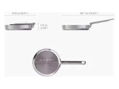 Frigideira Space Steel de 20 cm (8") em aço inox, com mango plegável, ideal para cozinhas pequenas, fácil de limpar e guardar.