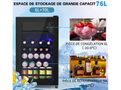 Frigorífico de 76 litros com iluminação LED, prateleiras ajustáveis e cor preta.