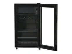 Frigorífico de 76 litros com iluminação LED, prateleiras ajustáveis ​​e cor preta.