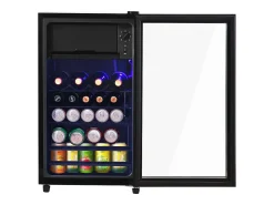 Frigorífico de 76 litros com iluminação LED, prateleiras ajustáveis ​​e cor preta.