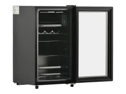 Frigorífico de 76 litros com iluminação LED, prateleiras ajustáveis ​​e cor preta.