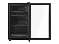 Frigorífico de 76 litros com iluminação LED, prateleiras ajustáveis ​​e cor preta.