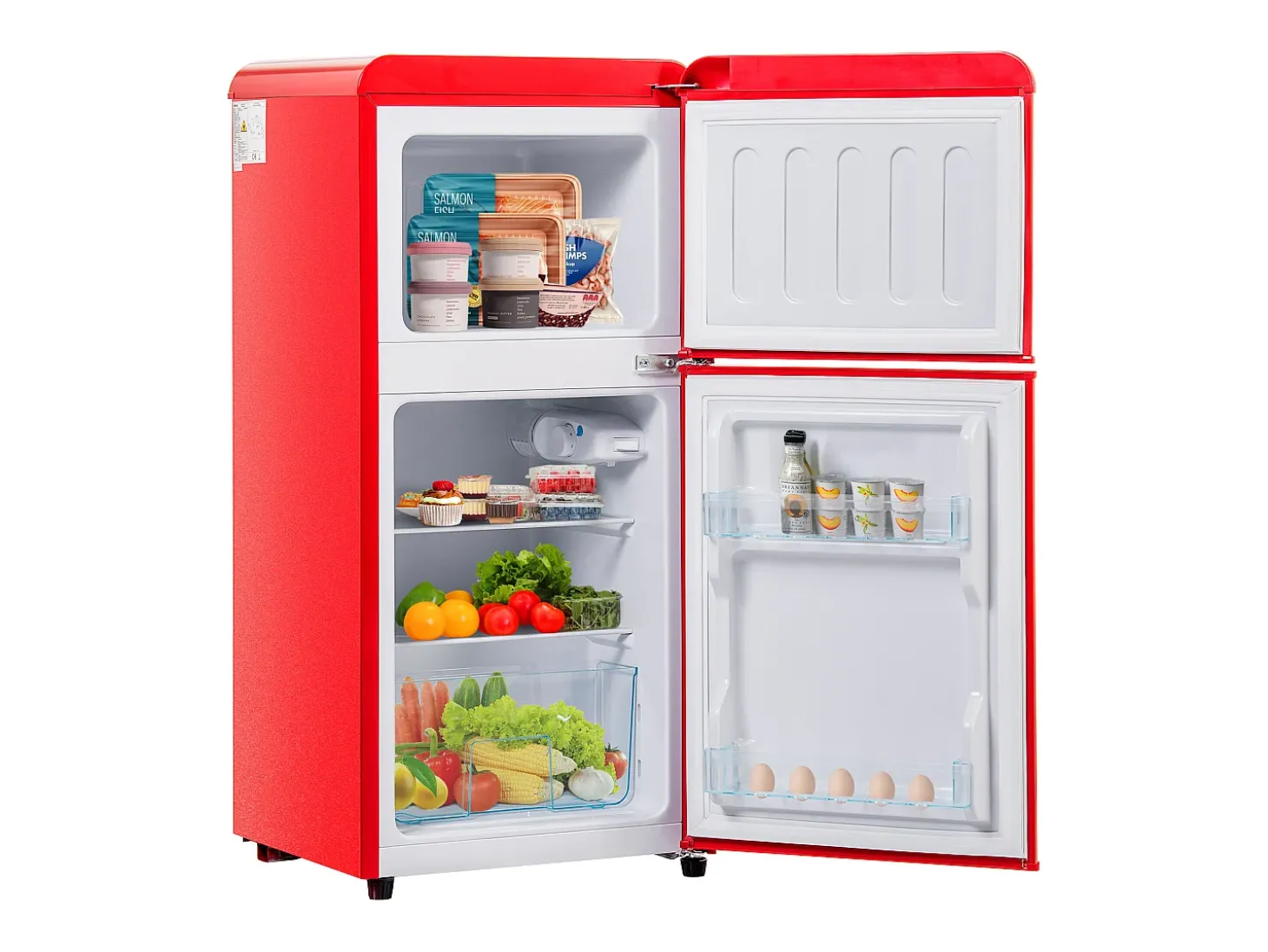 Frigorífico de 60 litros com 2 portas e iluminação LED - Consumo energético de 102 kWh/ano - Vermelho
