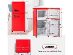 Frigorífico de 60 litros com 2 portas e iluminação LED - Consumo energético de 102 kWh/ano - Vermelho