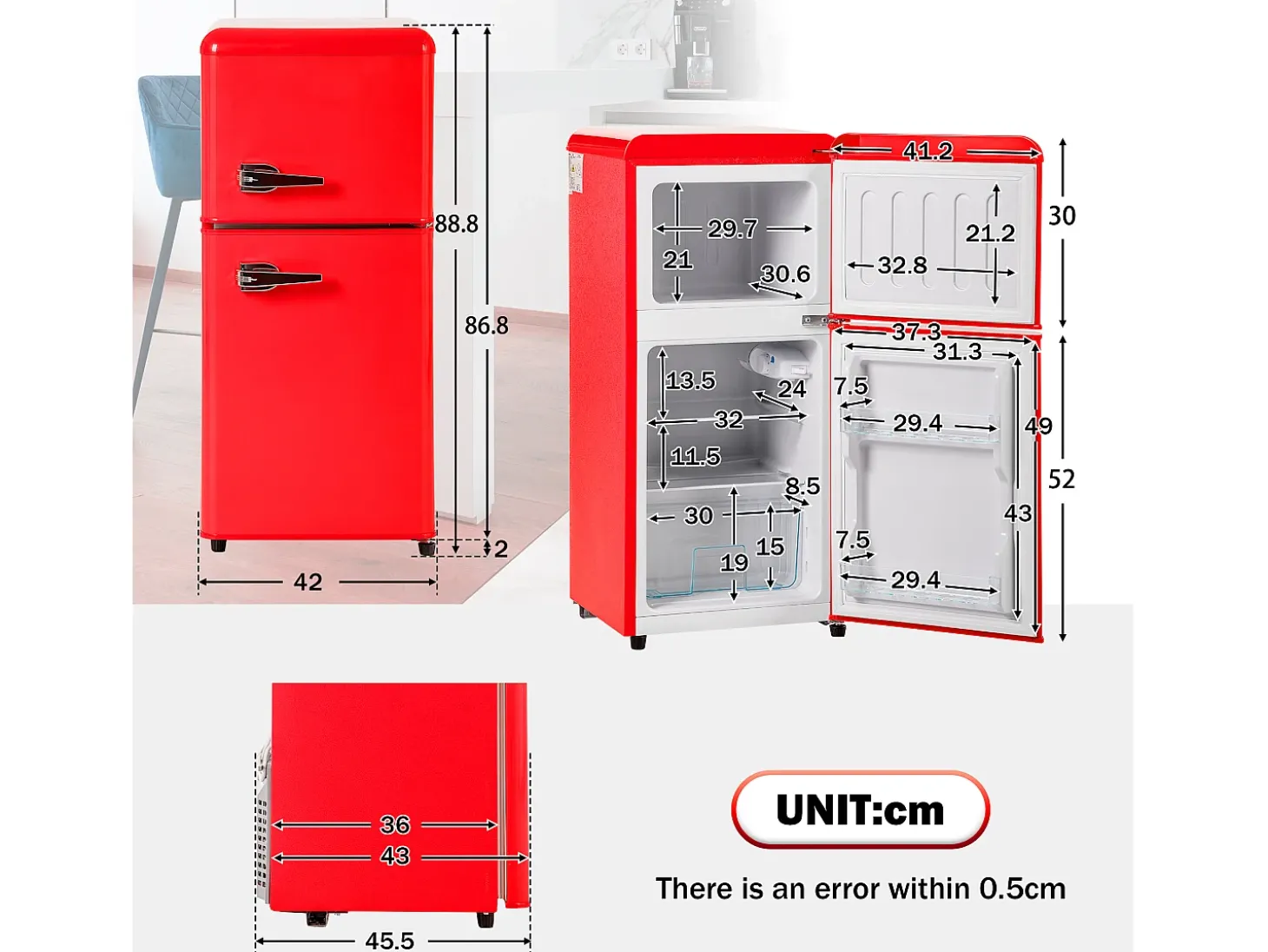 Frigorífico de 60 litros com 2 portas e iluminação LED - Consumo energético de 102 kWh/ano - Vermelho