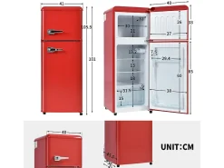 Frigorífico 28L+64L, -27°C~13°C, 116 kWh/ano, 45dB, eficiência energética D, Vermelho, 41x45.5x105.5cm