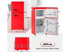 Frigorífico 22L+38L, porta dupla com LED e pés ajustáveis, classe E, -27°C-13°C, 102 kWh/ano, Vermelho, 42x45.5x88.8cm