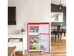 Frigorífico 22L+38L, porta dupla com LED e pés ajustáveis, classe E, -27°C-13°C, 102 kWh/ano, Vermelho, 42x45.5x88.8cm