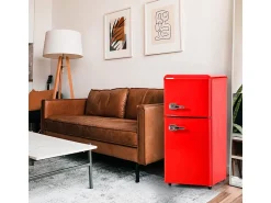 Frigorífico 22L+38L, porta dupla com LED e pés ajustáveis, classe E, -27°C-13°C, 102 kWh/ano, Vermelho, 42x45.5x88.8cm