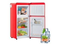 Frigorífico 22L+38L, porta dupla com LED e pés ajustáveis, classe E, -27°C-13°C, 102 kWh/ano, Vermelho, 42x45.5x88.8cm